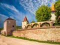 Stunning view of defensive walls and towers of Lutheran fortified church in Biertan, Transylvania, Romania Royalty Free Stock Photo