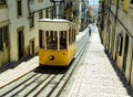 Stunning view of the famous Elevador Da Bica, a retro yellow tram operating in the historic center of Lisbon, Portugal Royalty Free Stock Photo