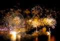 Stunning view of fireworks near the Dubai Ferris Wheel in Bluewaters Island at nighttime