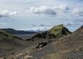 Landscape of Maelifellsandur volcanic black sand desert with Myrdalsjokull glacier and blue sky, summer in Highlands of Iceland Royalty Free Stock Photo