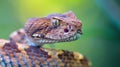 stunning view of a green rattlesnake on lush green background, reptile closeup