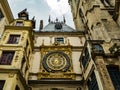 Stunning view of Gros Horloge Great Clock, a 14th century astronomical clock located in the historic city center of Rouen, Norma