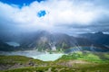 Stunning view on the high mountain after the rain with colorful rainbow over the rocky mountain and glacier in Mt Cook National Royalty Free Stock Photo