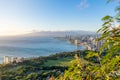 Stunning view of Honolulu and Waikiki Beach seen from the summit of Diamond Head Crater, Oahu, Hawaii. Beautiful evening just befo Royalty Free Stock Photo