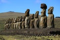 Stunning view of 15 huge Moai statues of Ahu Tongariki with Poike volcano in the background, Easter Island Royalty Free Stock Photo
