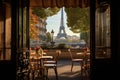 A stunning view of the iconic Eiffel Tower framed by a window, View of Eiffel Tower from a Parisian cafe, AI Generated Royalty Free Stock Photo