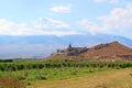 Stunning View of Khor Virap Monastery against Snow Capped Mount Ararat and a Vineyard in Foreground, Armenia Royalty Free Stock Photo