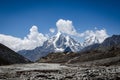 Stunning view of Lobuche mountain from trek to Everest and island peak. Himalayan landscape at bright day at high altitude