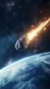 Stunning view of a massive asteroid on a collision course with earth, lighting the night sky Royalty Free Stock Photo