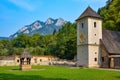 Stunning view of medieval Red Monastery (Cerveny Klastor), Slovakia. Three Crowns mountain range in the background Royalty Free Stock Photo
