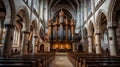 Majestic Interior of a Medieval Stone Church with Grand Pipe Organ