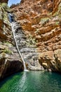 Stunning view of Meiringspoort Waterfall in the Swartberg Mountain range near De Rust, Klein Karoo, South Africa.