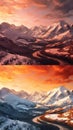 Orange Snowy Mountains at Sunset