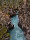 Stunning view of narrow gorge with furious river at popular Athabasca Falls in Jasper National Park, Alberta, Canada. Royalty Free Stock Photo