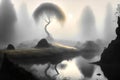 A stunning view of natures beauty reflected in the tranquil waters, enveloped by a mysterious fog and mist, made with generative