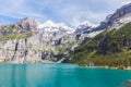 Stunning view of Oeschinensee (Oeschinen lake) with Bluemlisalp Royalty Free Stock Photo