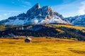 Stunning view of Peitlerkofel mountain from Passo delle Erbe in Dolomites, Italy. View of Sass de Putia Peitlerkofel at Passo