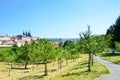 Stunning view of Prague, Czech Republic photographed from the Petrin hill with adjacent park. The dominant of the Czech capital is Royalty Free Stock Photo