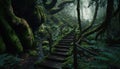 Mossy Stair Trail in Rainforest. Created with generative AI technology. Royalty Free Stock Photo