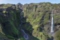 View of Secret Canyon with Double Waterfall in Iceland