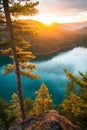 Sunrise Overlook of Turquoise Blue Lake and Pine Trees