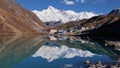 Stunning view of Sherpa village Gokyo, Himalayas, Nepal and majestic snow-capped mountain Cho Oyu reflected in the water.