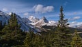 Stunning view of snow-capped Mount Athabasca and Hilda Peak viewed from Parker Range in Banff National Park, Alberta, Canada.