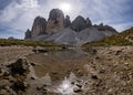 Stunning view of the Three Peaks of Lavaredo, Dolomites Mountain, South Tyrol, Italy. Royalty Free Stock Photo