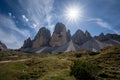 Stunning view of the Three Peaks of Lavaredo, Dolomites Mountain, South Tyrol, Italy. Royalty Free Stock Photo