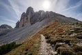 Stunning view of the Three Peaks of Lavaredo, Dolomites Mountain, South Tyrol, Italy. Royalty Free Stock Photo