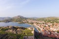 Stunning view to Myrina village, Lemnos island, Greece, as seen from the old fortress Royalty Free Stock Photo