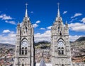 Twin clock tower of the Basilica del Voto Nacional, Quito, Ecuador Royalty Free Stock Photo