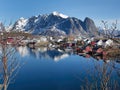Stunning viewpoint at Reine fishing village, Lofoten Islands, Norway, landscape and seascape of clear water reflection, mountain Royalty Free Stock Photo