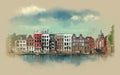 Stunning views from streets, old buildings, canals, Embankments of Amsterdam. The Netherlands. Watercolor sketch.