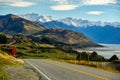 Stunning views in summer and beautiful views of mountains and lakes at Peter`s Lookout overlooking Mount cook and Lake Pukaki Royalty Free Stock Photo