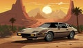 Stunning vintage retro sports car speeding through a mesmerizing retro futuristic landscape