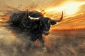 Stunning visual an abstract black and white image of an horned bull with sun streaks Royalty Free Stock Photo