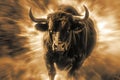 Stunning visual an abstract black and white image of an horned bull with sun streaks Royalty Free Stock Photo