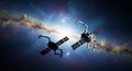 Robotic satellite hovers in deep space nebula light Royalty Free Stock Photo