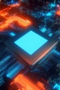 Futuristic microchip on a vibrant circuit board with glowing lines