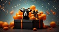 Stunning Visual Goat Holding Black Gift Box with Black Orange Balloon and Orange Fruit Spark in Black Friday Soft Light Background Royalty Free Stock Photo