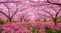A breathtaking avenue of blooming cherry blossom trees in full pink bloom with a carpet of fallen petals on the ground Royalty Free Stock Photo