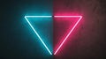 Vibrant Duality: Split Neon Triangle in Cyan and Magenta Glow Against Dark Textured Concrete Wall Royalty Free Stock Photo