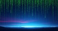Digital rain of binary code falling against a colorful twilight sky over mountains. Data stream. Royalty Free Stock Photo