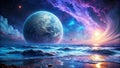 A Stunning Visual of a Swirling Ocean Moon Orbiting a Colossal Exoplanet Exploring Gravity and Celestial Phenomena