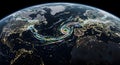 Stunning Visualization of a Cyclone Over Europe at Night A Satellite Image Showing Weather Patterns and City Lights Royalty Free Stock Photo
