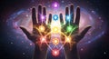 Cosmic hands radiating powerful chakra energy flow Royalty Free Stock Photo