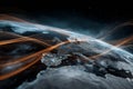 Stunning Visualization of Global Connectivity and Network Data Flow Above Earth with Glowing Lines Highlighting Key Regions Royalty Free Stock Photo