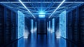 Futuristic Data Center with Blue Neon Lights, Server Racks and Glowing Circuit Boards Royalty Free Stock Photo