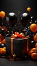 Stunning Visuals Black Gift Box with Black Orange Balloon with Sparks in Black Friday Event Soft Dark Light Background Royalty Free Stock Photo